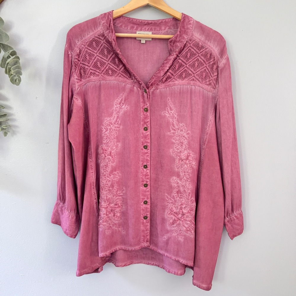 Signals Cottagecore Fairy Hippie Artsy Pink Embroidered Button Up Boho Tunic Top